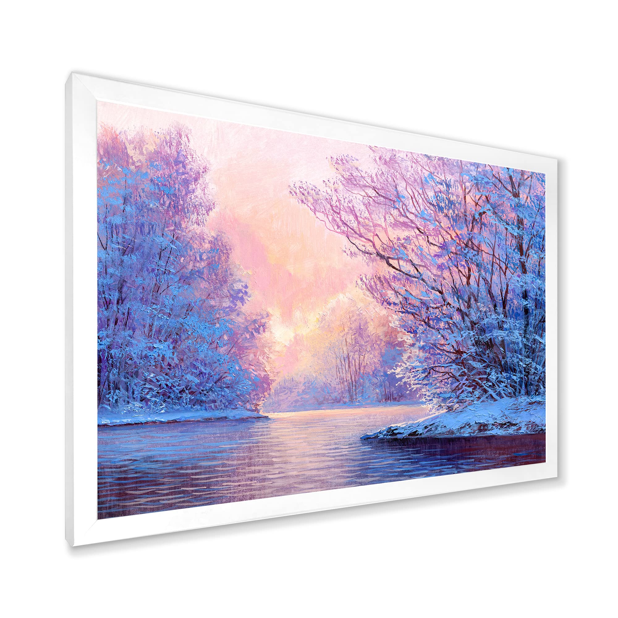 DesignQ Winter Landscape With The River Original Lake House Framed Wall Art - Nature Inspired Home Decor for Living Room, Bedroom & Office