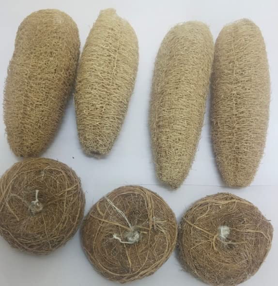 VVOS® Natural Loofah Sponge Body Scrubber Set - 4pc Vetiver & Coconut Fiber Exfoliating Bath Sponges + 3pc Pure Vetiver Root Scrubbers for Soft Skin | Eco-Friendly Shower Exfoliator for Spa, Home & Travel Use