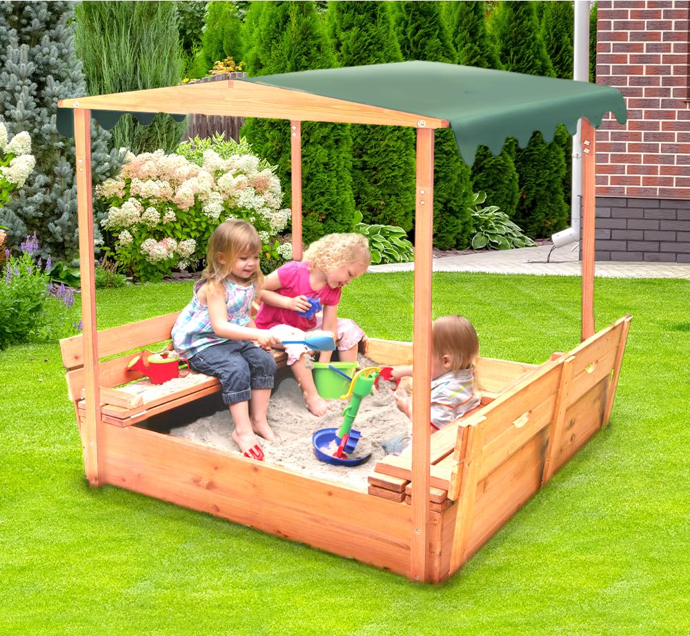 Premium Cedar Wood Sandbox for Kids with Canopy & Built-In Benches - Outdoor Convertible Wooden Sandbox with UV Protection Lid - Backyard Play Set (46.5