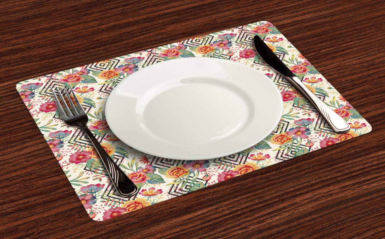 Ambesonne Watercolor Place Mats Set of 4 - Diamond Shaped Rectangles with Hand-Painted Floral Design, Washable Fabric Table Mats for Dining Room, Standard Size (17