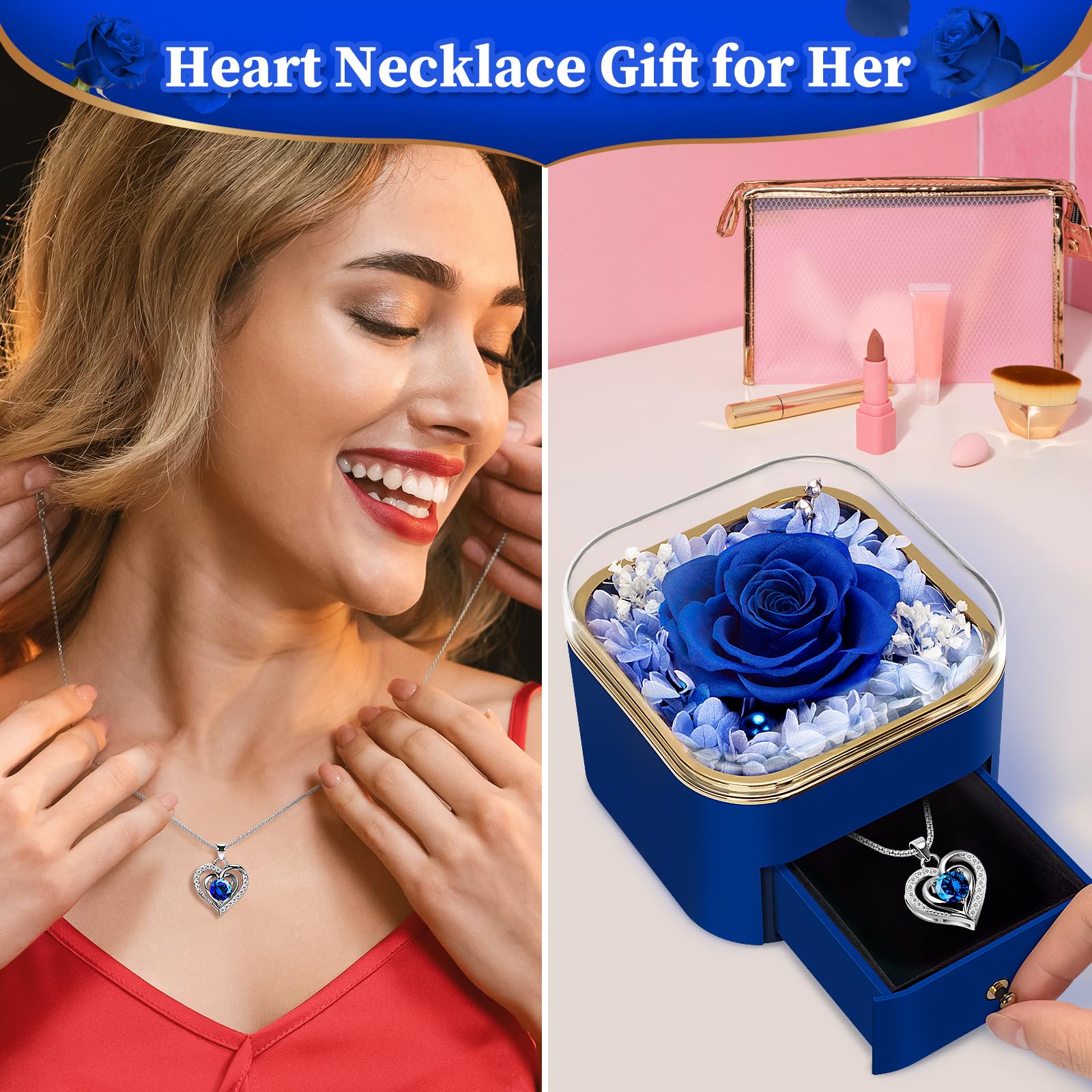 Real Preserved Rose with Heart Necklace - Romantic Eternal Flower Gift for Women, Girlfriend, Wife, Mom, Grandma - Birthday, Anniversary, Christmas Present - Perfect for Special Occasions & Keepsake (Blue)