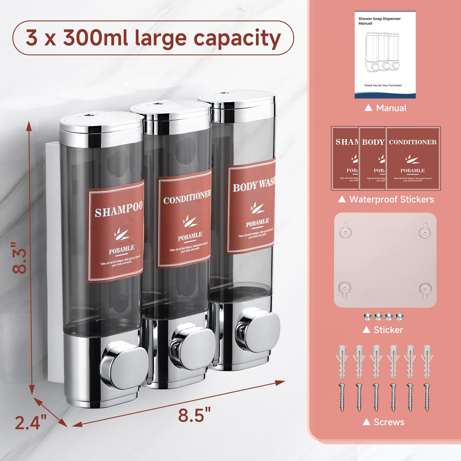 Wall Mounted No-Drill 3-Chamber Shampoo, Conditioner & Body Wash Dispenser - Chrome Shower Soap Dispenser Holder for Bathroom Organization | Perfect for Family Showers, Gym Locker Rooms & Spa-Style Bathrooms