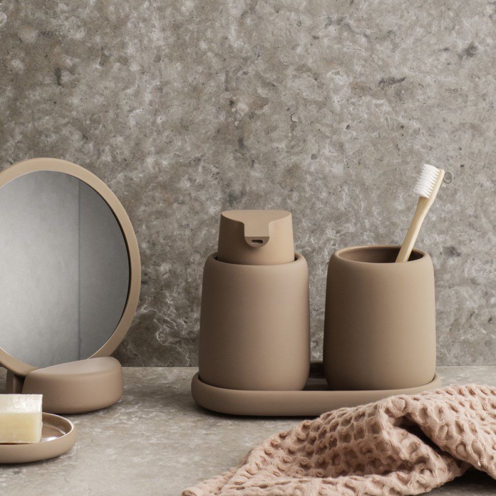 BLOMUS Sono Modern Soap Dispenser - 5.5 Inches Tall, Tan - Elegant Bathroom & Kitchen Liquid Soap Dispenser for Home Decor