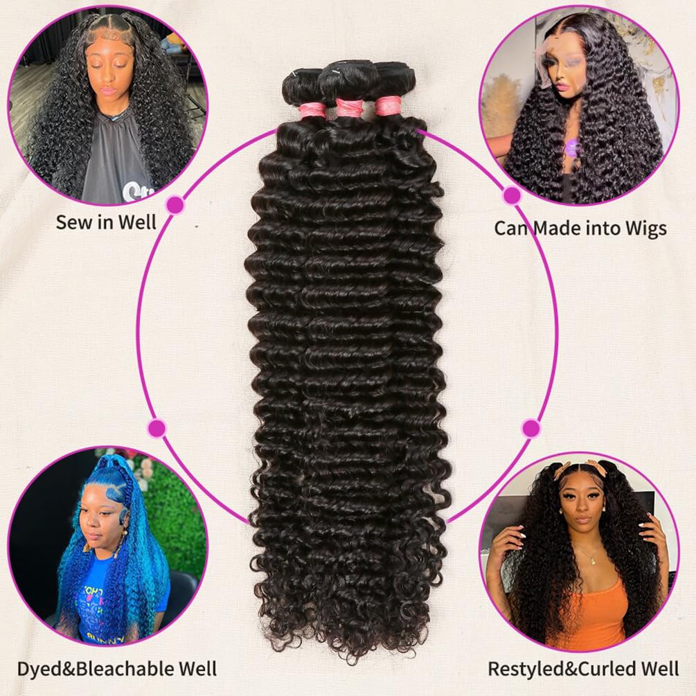 100% Unprocessed Brazilian Virgin Remy Deep Wave Human Hair Bundles (22 24 26 28 Inch) 12A Grade - Natural Black Curly Weft Hair Extensions for Black Women | Perfect for Protective Styles, Weaves & Volume Boosting