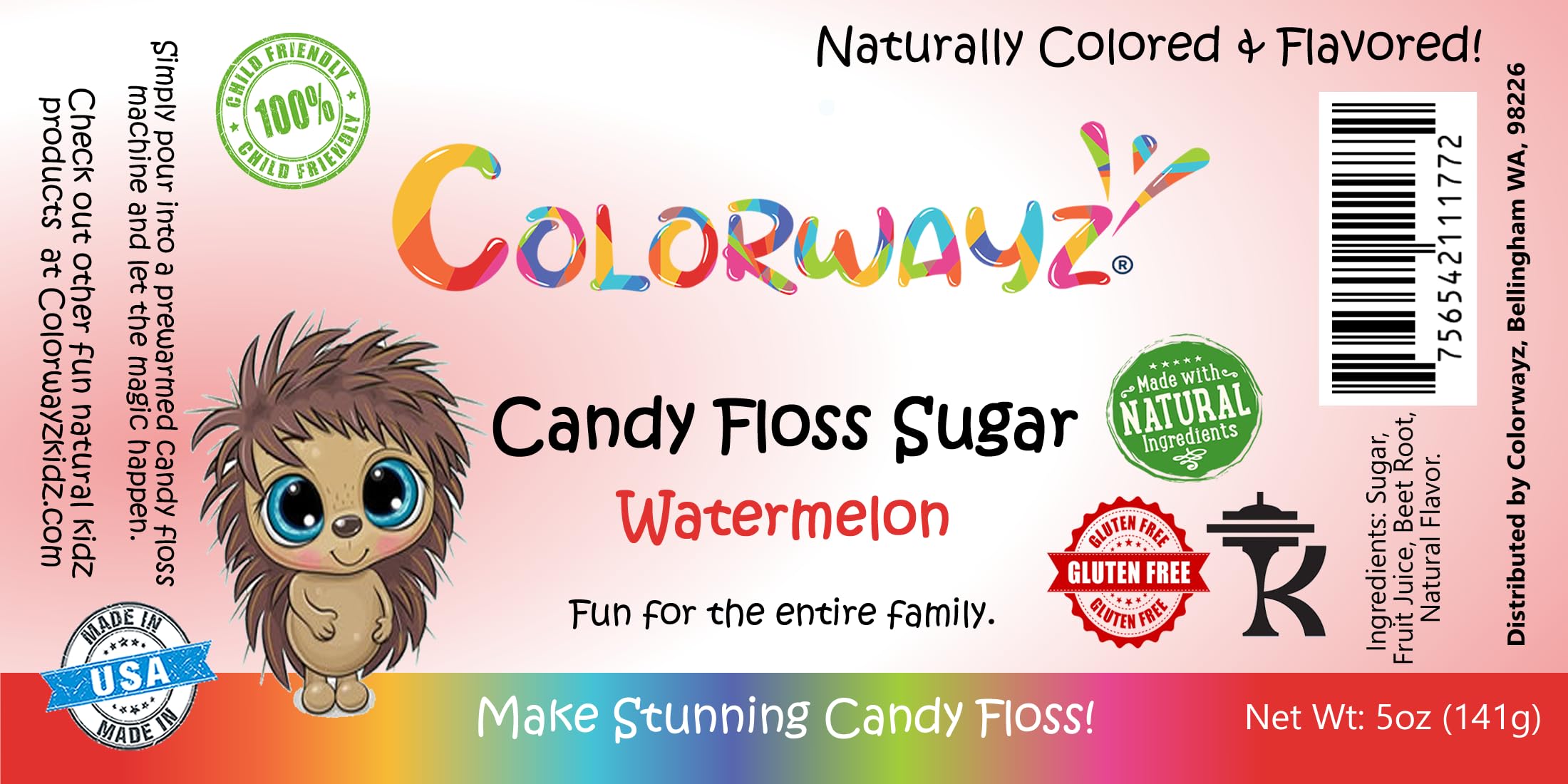 Colorwayz All-Natural Cotton Candy Sugar - 5oz Fine Grain Candy Cane Sugar for Home & Commercial Cotton Candy Machines (Watermelon Flavor) - Perfect for Parties, Carnivals & Sweet Treats