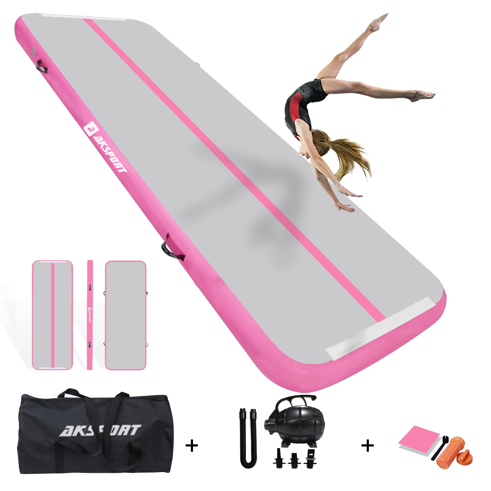 AKSPORT Inflatable Gymnastics Mat Tumble Track - 10ft, 13ft, 16ft, 20ft, 23ft Air Tumbling Mat with Pump for Home Gym, Cheerleading, Yoga & Kids Play - Perfect for Indoor Training, Backyard Fun & Fitness Activities