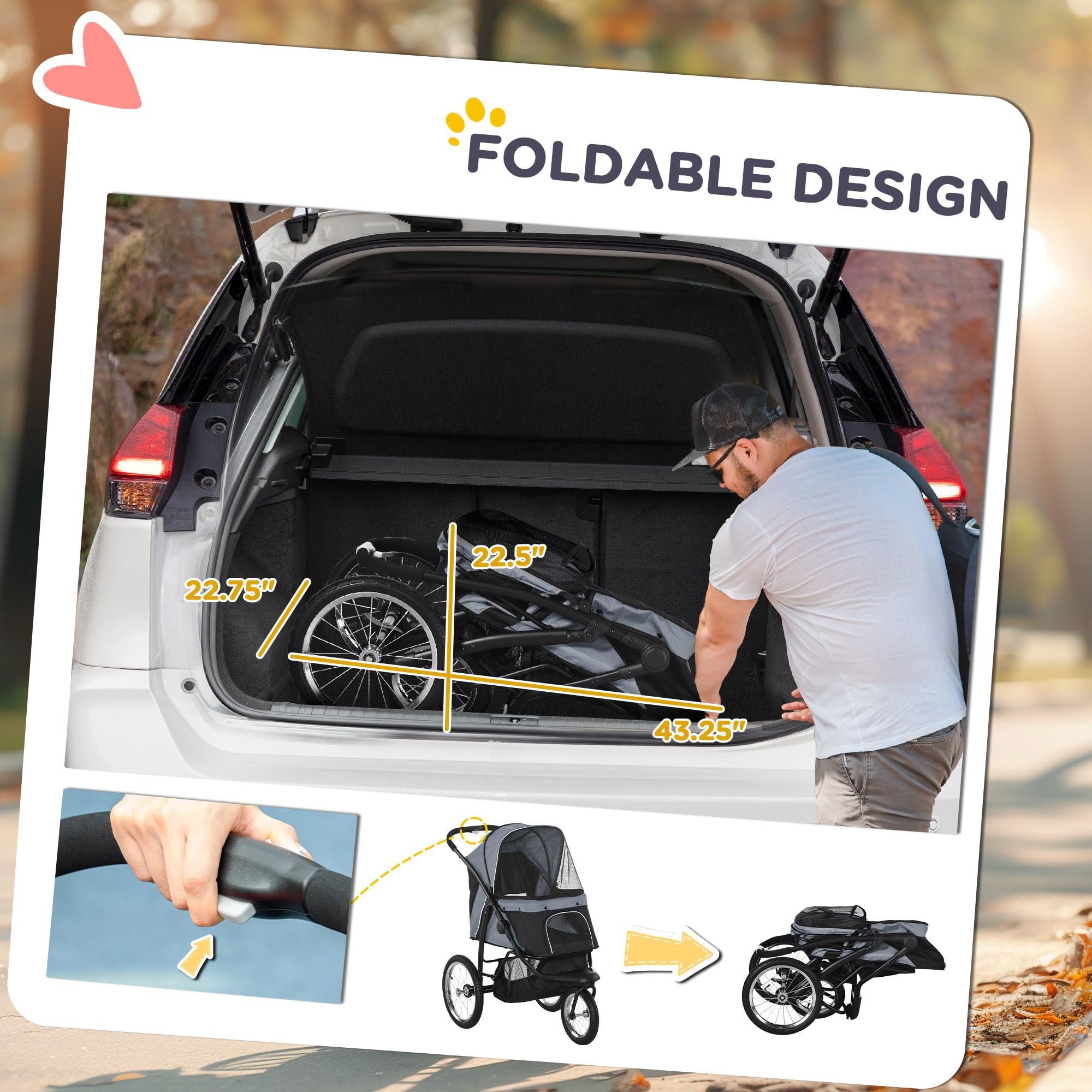 PawHut Foldable Pet Stroller for Small & Medium Dogs & Cats - 3 Large Wheels Jogger with Adjustable Canopy, Safety Tether, Cushion & Storage Basket - Gray | Perfect for Walking, Jogging & Outdoor Adventures with Your Pet