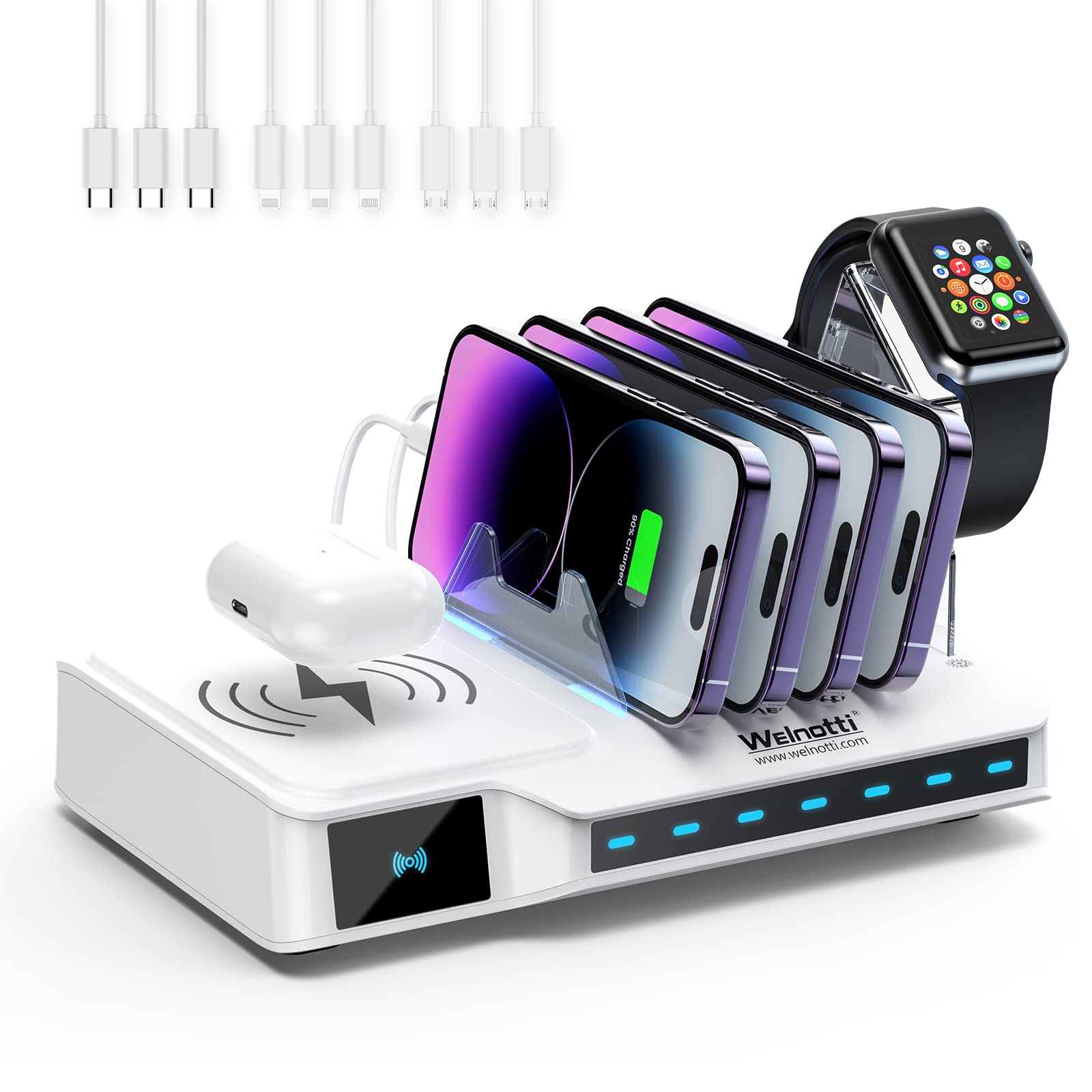 Welnotti 7-Port USB Fast Charging Station with Wireless Charger - Multi-Device Organizer for iPhone, iPad, iWatch, Tablets & More | Compact Home & Office Desktop Charging Hub (White) | Perfect for Nightstands, Workstations & Travel