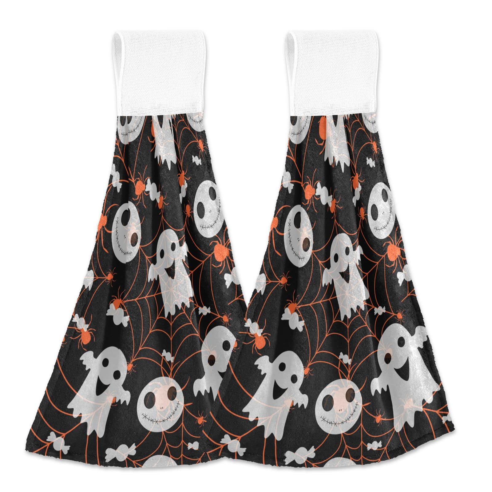 Senya Halloween Hanging Kitchen Towels - 2 Pack Absorbent Spider Ghost Hand Towels with Hanging Loop for Kitchen & Bathroom - Perfect for Halloween Decor, Party Supplies & Spooky Home Accessories