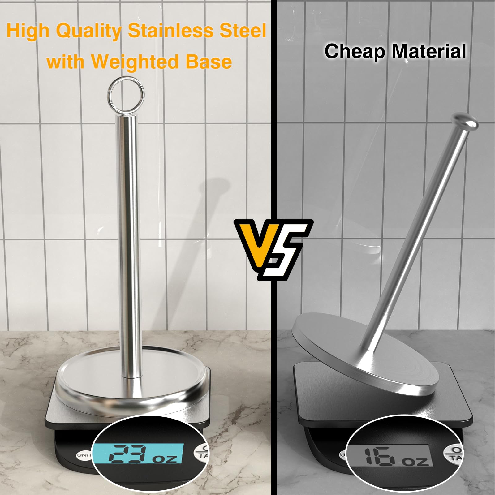 Stainless Steel Paper Towel Holder with Weighted Base - Countertop Towel Stand for Kitchen, Bathroom & Farmhouse Decor - Silver (Perfect for Home, Office & RV Use)