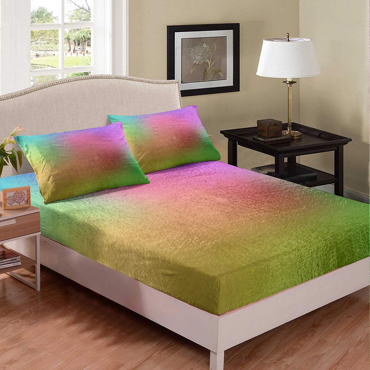 Ombre Green Yellow Pink Twin Fitted Sheet Set - Soft Microfiber Bedding (2pc: Fitted Sheet + Pillowcase) - Lightweight & Breathable for Kids Room, Dorm, or Guest Bed