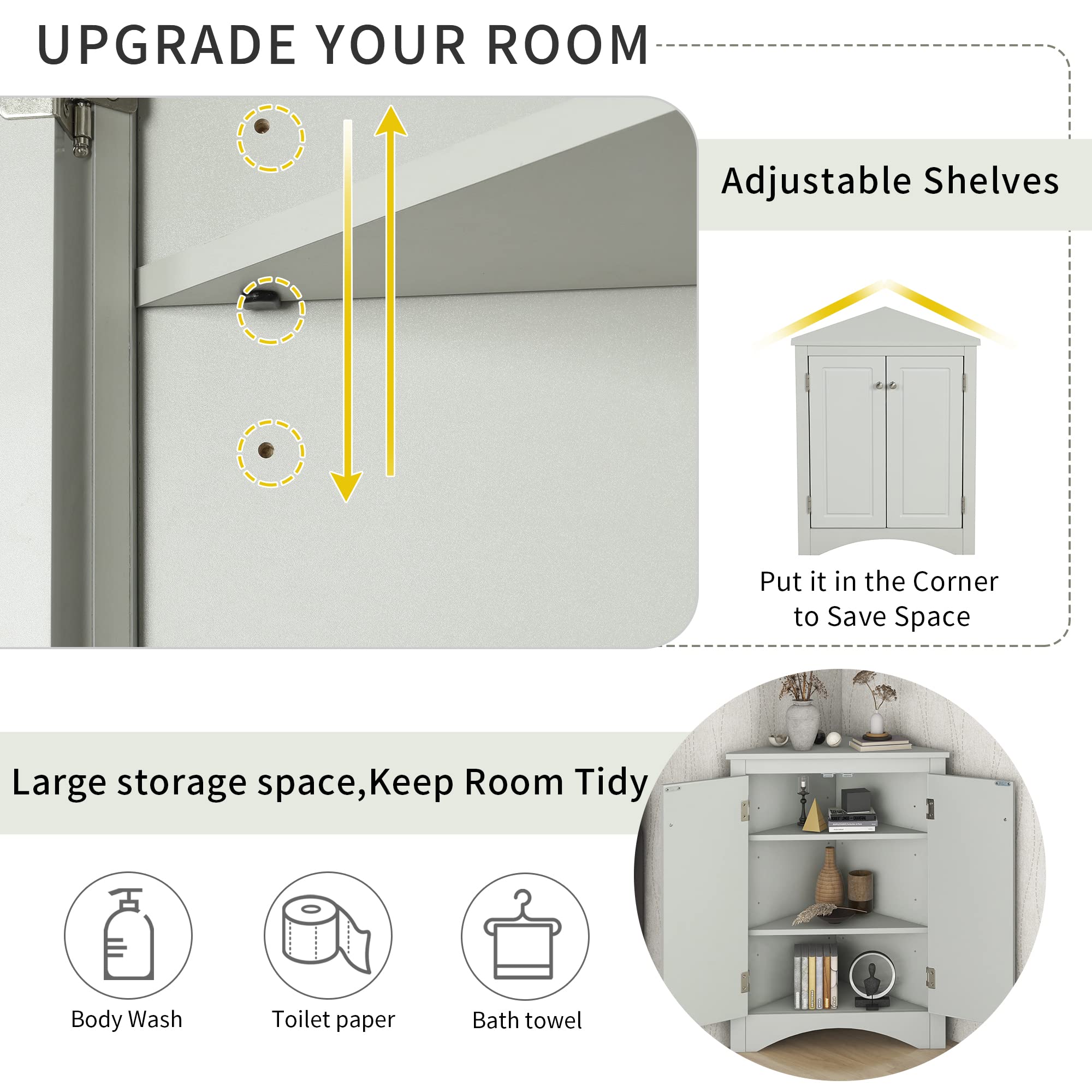 Corner Storage Cabinet for Bathroom - Adjustable Shelves Freestanding 2-Door Floor Cabinet (Grey) | Space-Saving Organizer for Small Bathrooms, Laundry Rooms & Closets