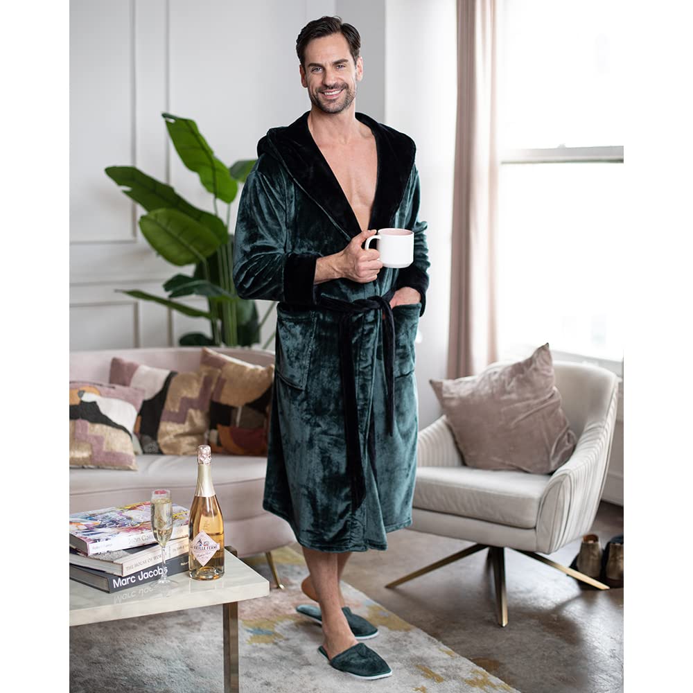 Premium Men's Plush Hooded Bathrobe - Ultra Soft Long Linen Robe for Spa, Lounge & Home Relaxation - Luxury Cotton Terry Cloth Robes for Men