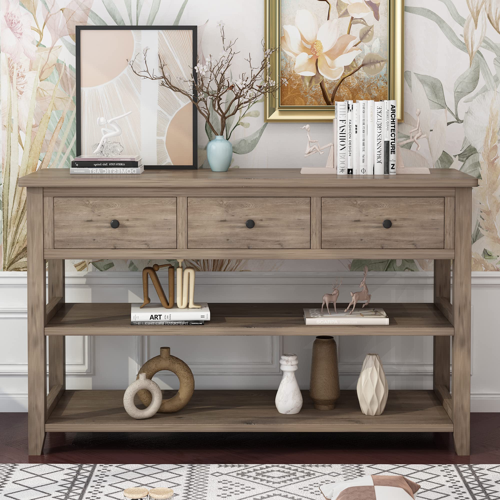 Modern 3-Tier Console Table with 3 Drawers & Storage Shelves - Narrow Entryway Sofa Table for Living Room, Hallway, Bedroom - Space-Saving Grey Sideboard for Small Apartments & Home Decor