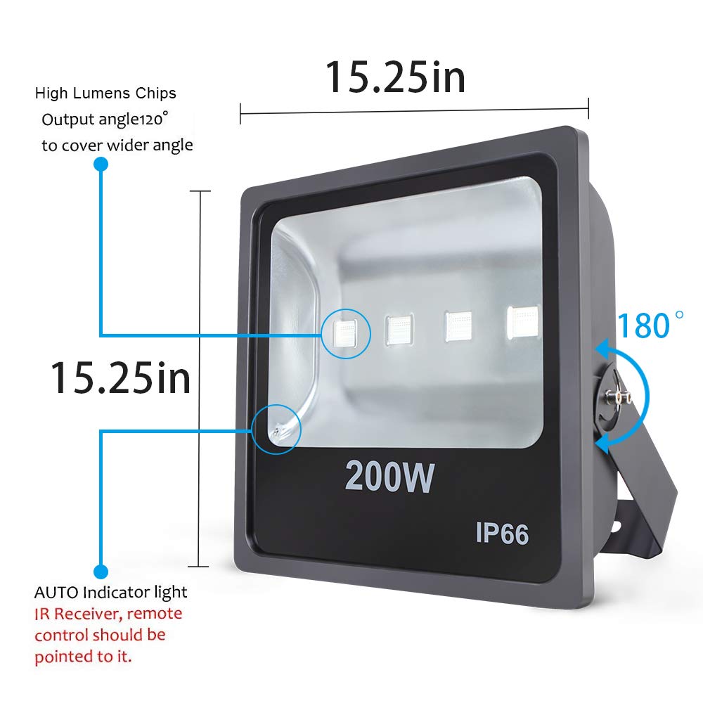 200W RGB LED Flood Lights Outdoor - Color Changing Security Light with IR Remote Control, Dimmable Wall Washer - US 3-Plug - Perfect for Garden, Landscape, Bridge, Patio & Architectural Lighting