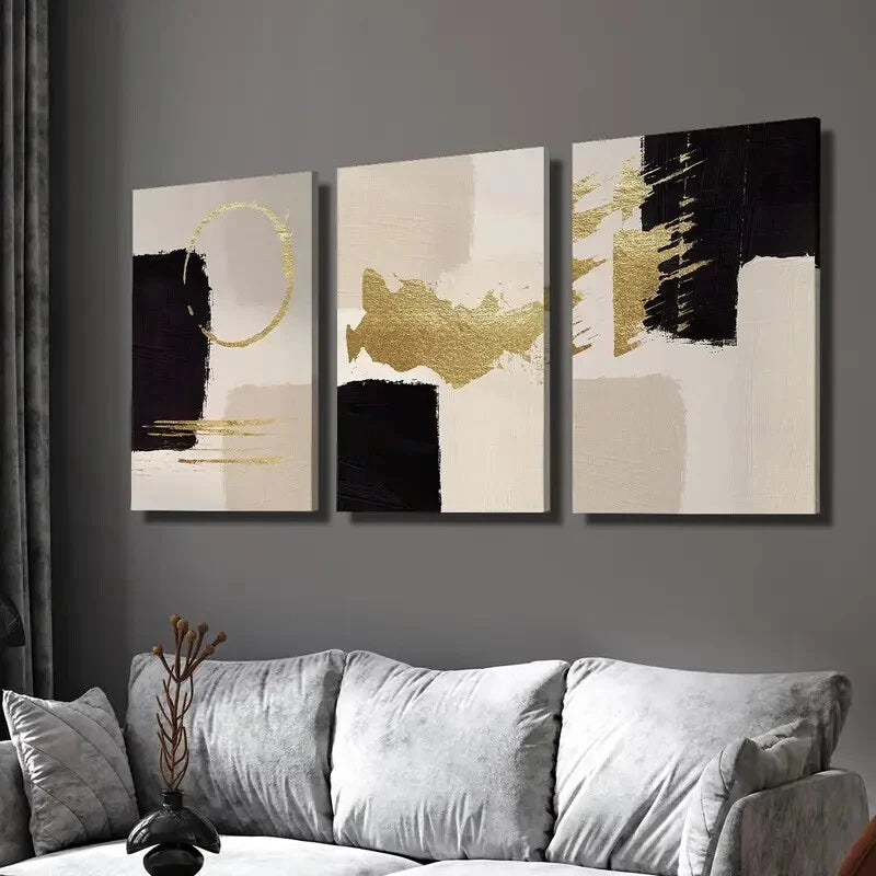 3-Piece Golden Geometric Abstract Wall Art Set - Framed Canvas 40x60cm - High Quality Print - 100% Australian Made - Ready to Hang - Perfect for Living Room, Bedroom & Office Decor