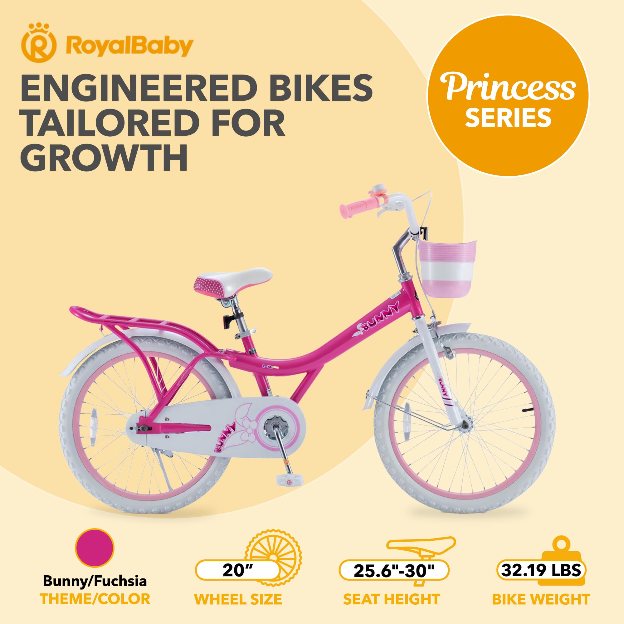 Royalbaby Princess Girls Bike for Kids 12-20 Inch - Pink & Purple Children's Bicycle with Basket, Training Wheels & Bell - Perfect for Ages 3-12 | Birthday Gifts, Park Rides & Neighborhood Cycling