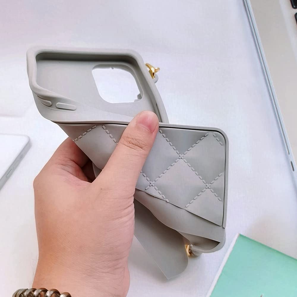 Luxury iPhone 13 Pro Max Wallet Case with Card Holder - Soft Silicone Cover with Pearl Chain Shoulder Strap & Wrist Lanyard - Perfect for Women & Girls (Gray) | Ideal for Everyday Use, Travel, Shopping & Hands-Free Convenience