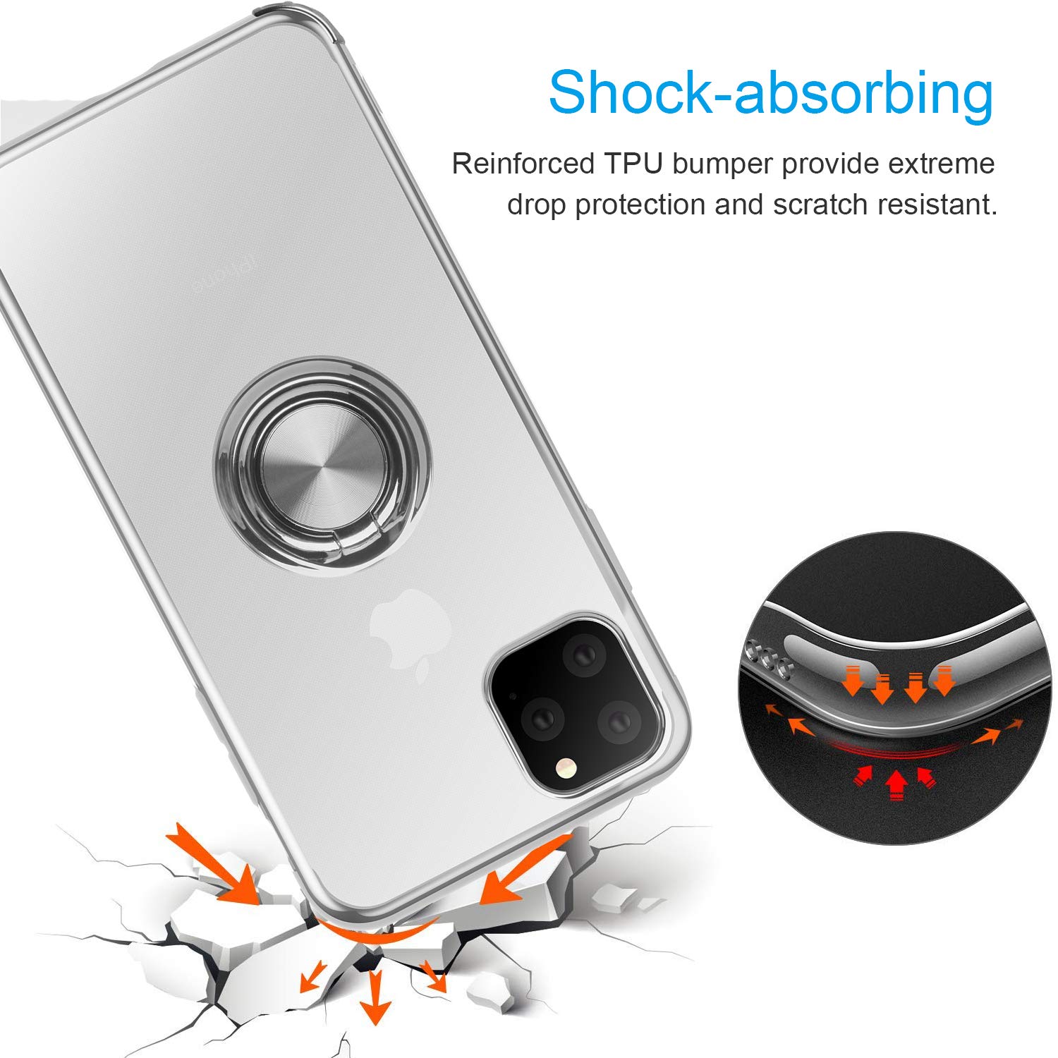 Ultra Slim Clear Crystal TPU Case for iPhone 11 Pro Max with 360° Rotatable Ring Kickstand & Electroplated Frame - Silver | Protective Phone Cover for Daily Use, Travel, and Hands-Free Viewing