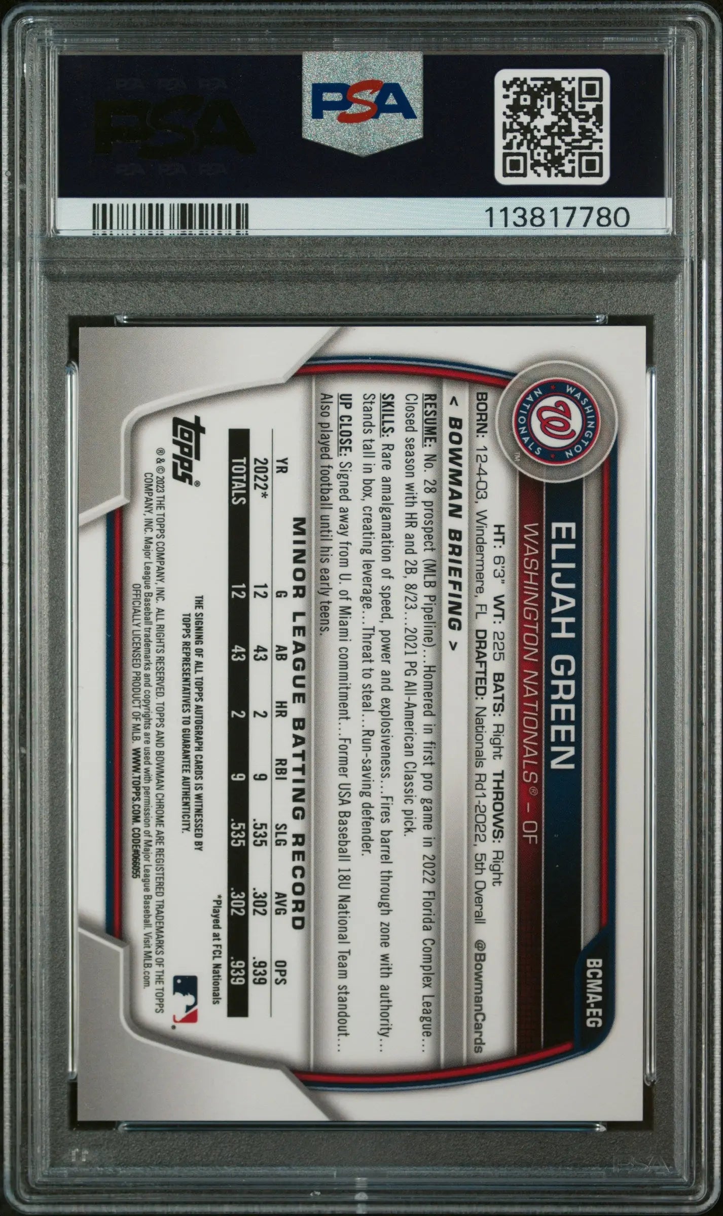 2023 Bowman Chrome Mega Box Elijah Green Auto Green Refractor PSA 10 /99 - Rare Baseball Card for Collectors & Investors - Perfect for Sports Memorabilia Displays & Trading