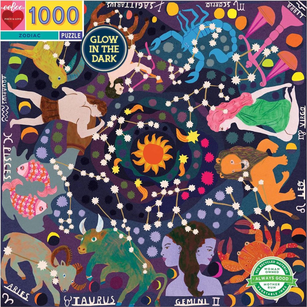 eeBoo Zodiac 1000 Piece Glow In The Dark Jigsaw Puzzle - Family Game Night Activity for Adults & Kids, Perfect for Home Entertainment & Party Fun
