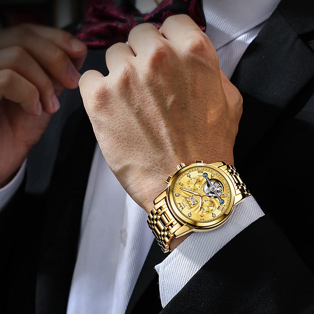 OLEVS Automatic Gold Watches for Men - Luxury Stainless Steel Chronograph with Date Display, Luminous Hands, 50M Waterproof - Perfect for Business, Formal Events & Daily Wear