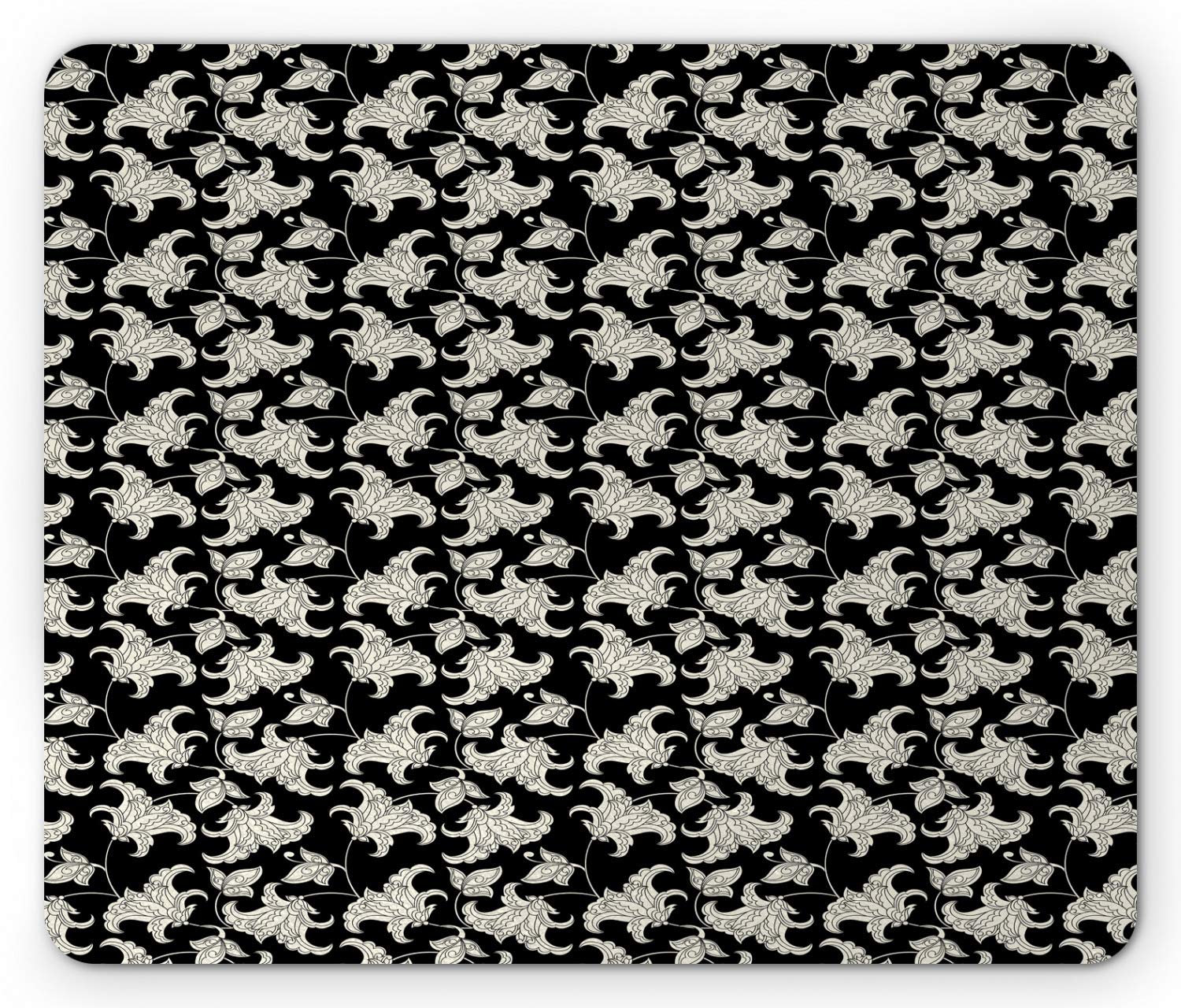 Vintage Floral Mouse Pad - Non-Slip Rubber Desk Mat with Dark Toned Blossoming Flowers Design, Standard Size Rectangle Mousepad in Black & Ivory | Perfect for Office, Gaming & Home Computer Workstations