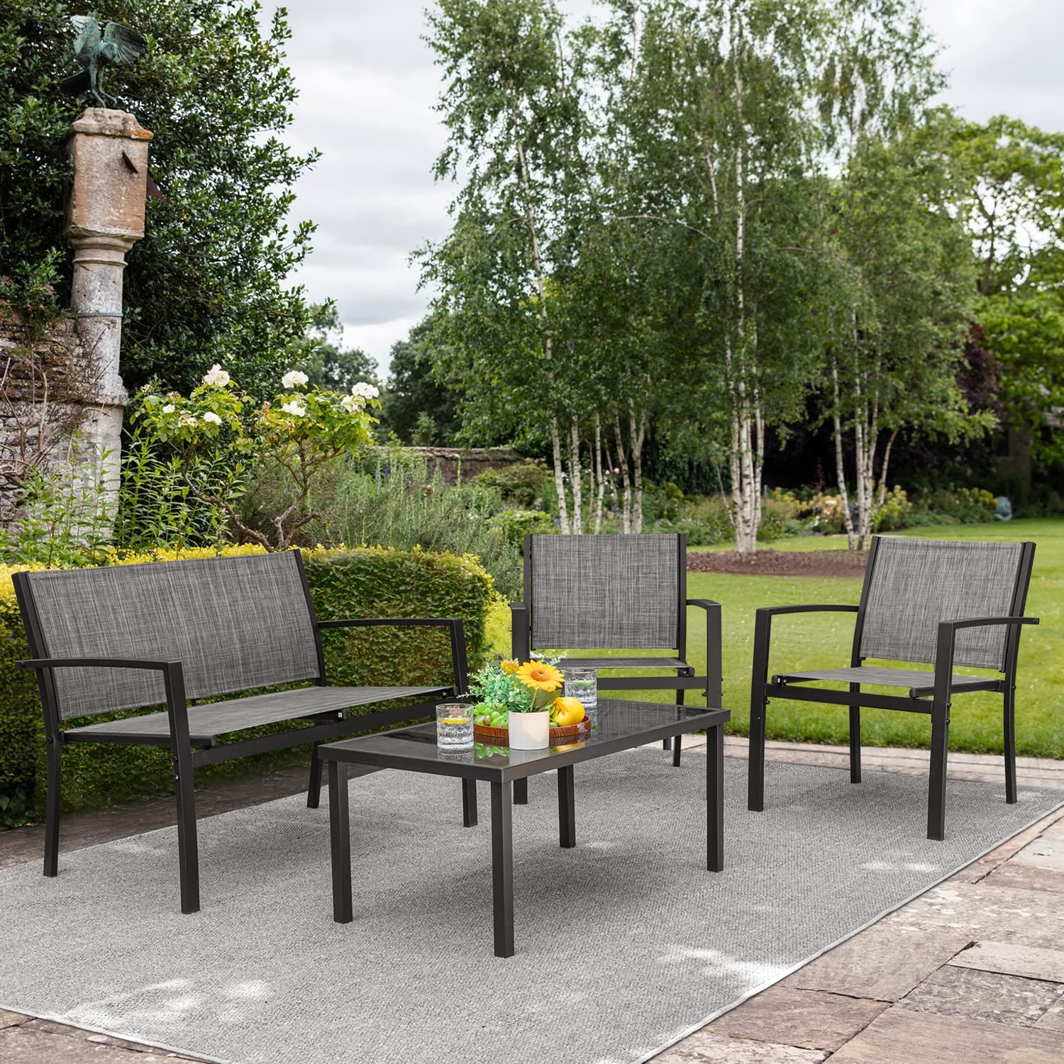 Devoko 4-Piece Outdoor Patio Furniture Set - Grey Wicker Garden Conversation Set with Glass Coffee Table, Weather-Resistant Poolside & Lawn Chairs for Backyard, Porch, Deck or Terrace Relaxation