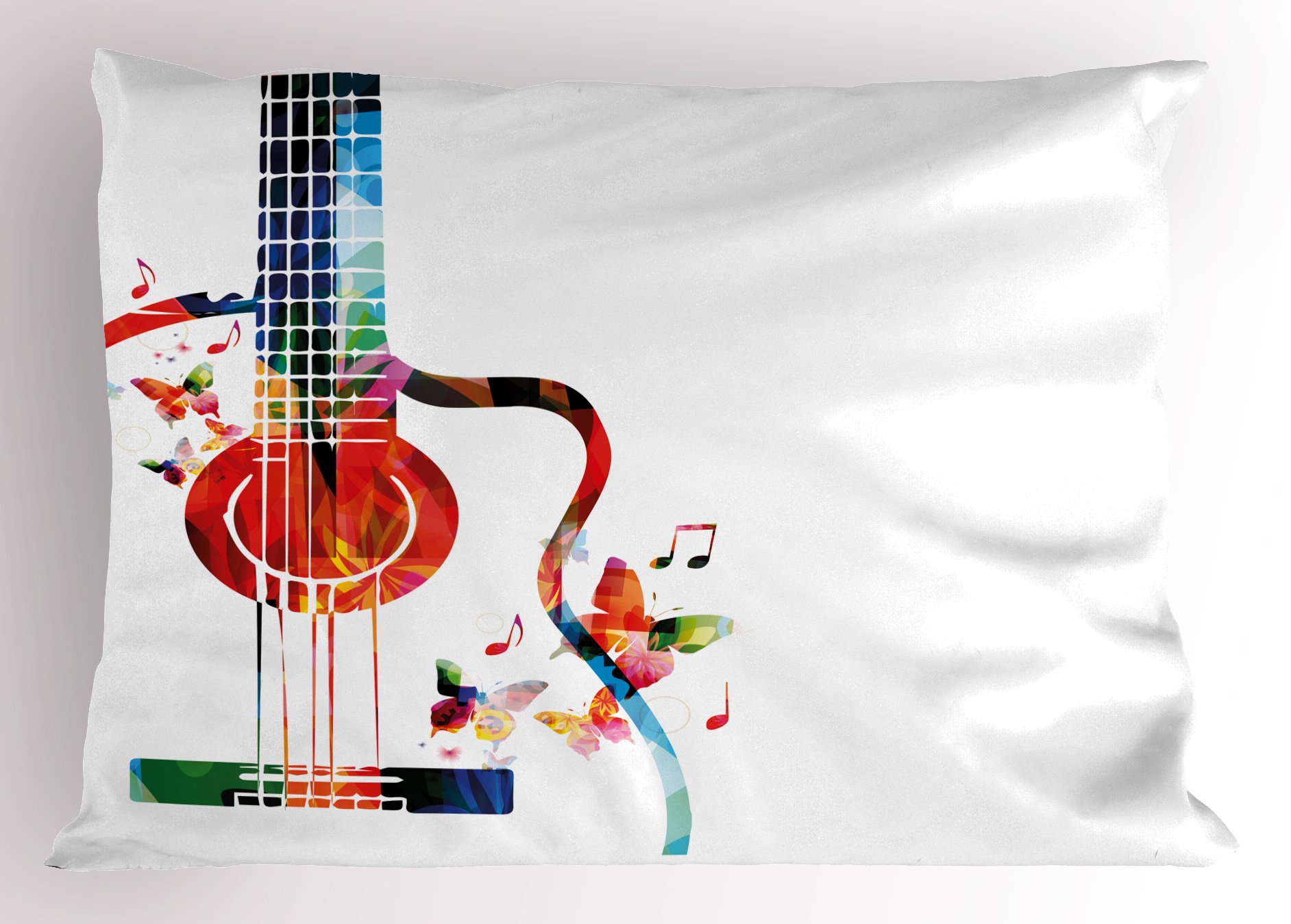 Ambesonne Guitar Pillow Sham - Colorful Polygonal Musical Instrument Design with Strings, Butterflies & Nature Theme - Decorative Standard Size Printed Pillowcase (26x20 Inches) - Perfect for Music Lovers' Bedroom, Living Room or Studio Decor