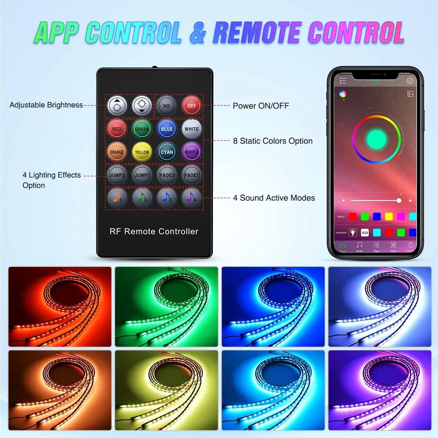 256 LEDs RGB Underglow Neon APP Remote Control LED Strip Lights - 4 Pack for Car, Home, Party, and Gaming Room Decoration