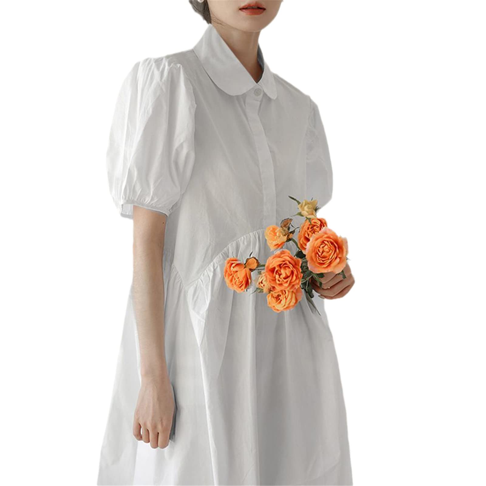 Women's Solid Color Shirt Dress - Summer Holiday Knee-Length Robe with Elegant Puff Sleeves | Casual Lapel White Dress for Beach, Office & Date Night
