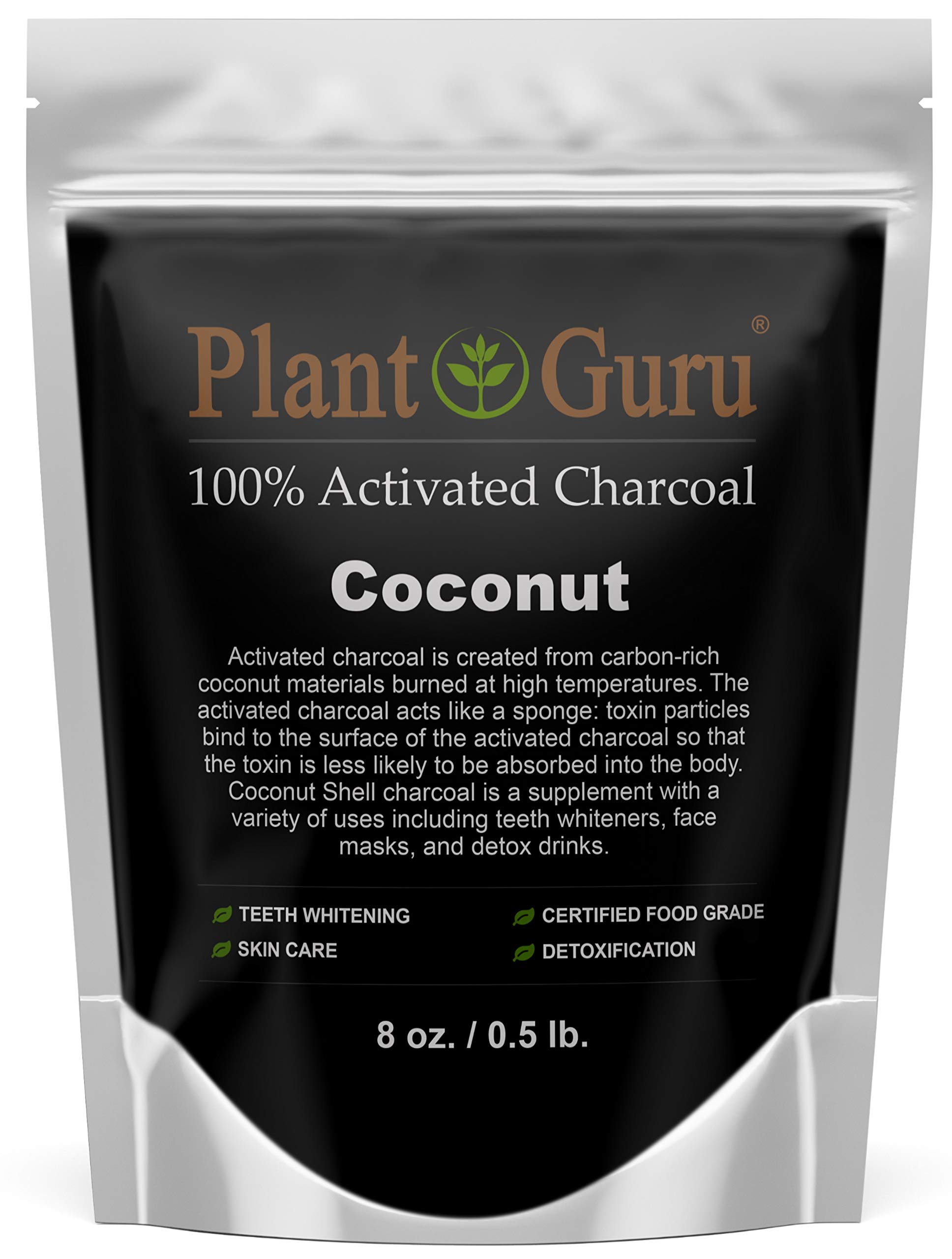 Plant Guru Activated Charcoal Powder 8 oz - 100% Pure Coconut Shell, Food Grade & Kosher Certified, Non-GMO - Teeth Whitening, DIY Face Mask & Soap Making - Natural Detox & Digestive Aid - Perfect for Skincare, Dental Care & Homemade Beauty Products