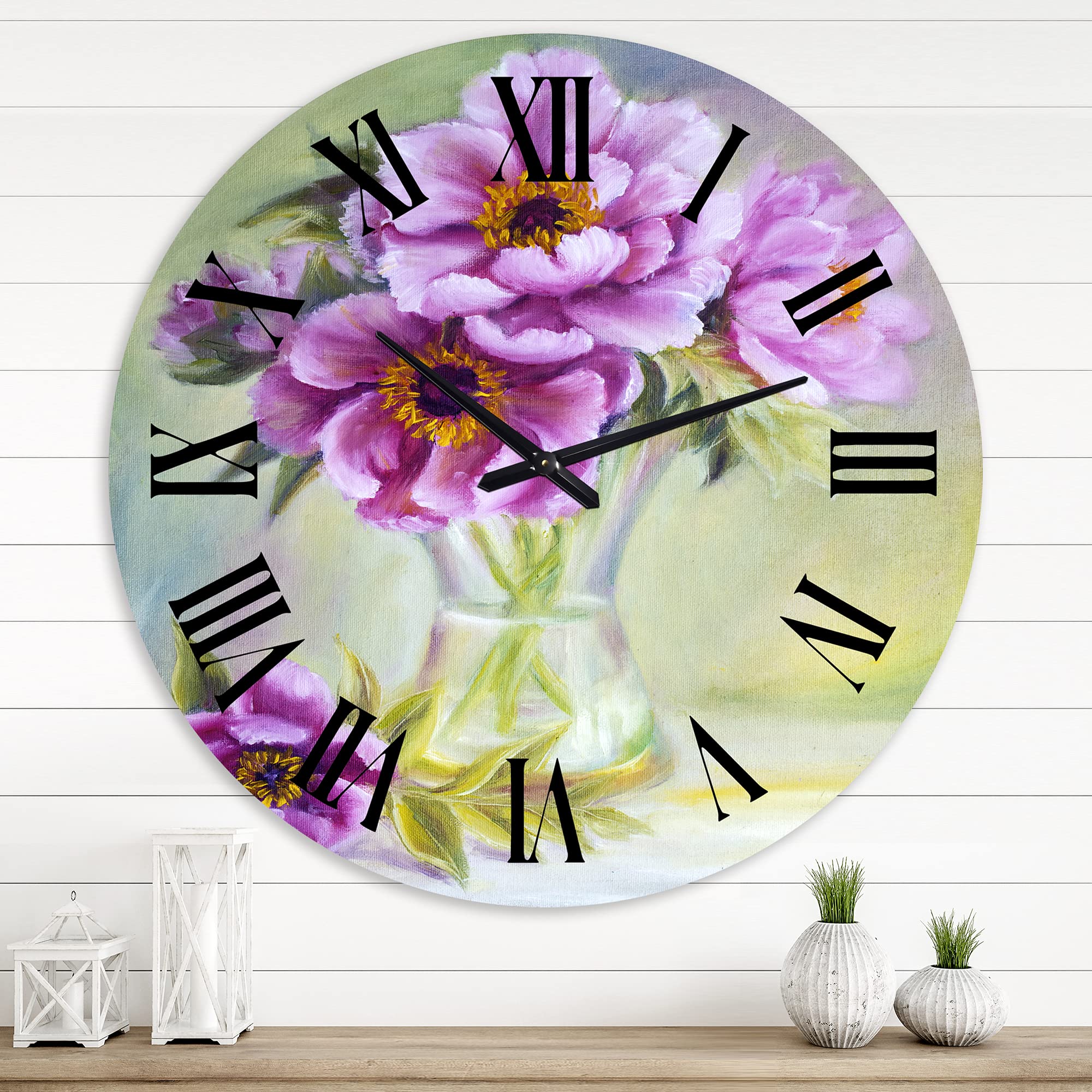 DesignQ Traditional Wall Clock - 'Peonies in Vase Still Life' Floral & Botanical Large Wall Clock for Bedroom, Living Room, Office Decor | Vintage Home Décor & Gift Idea