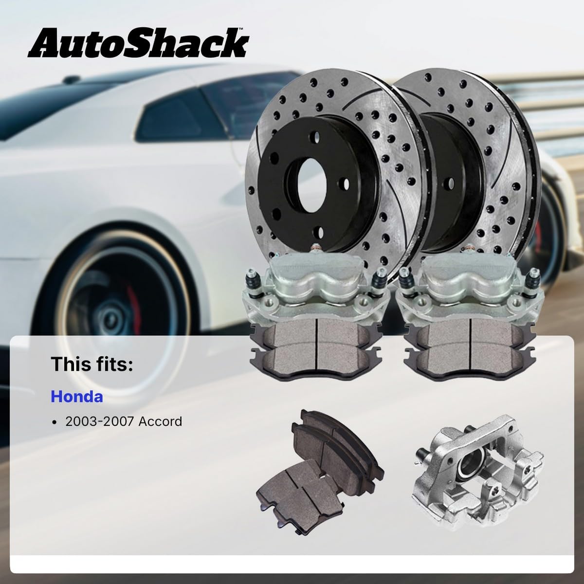 AutoShack Black Hat Drilled & Slotted Brake Rotors Kit with Ceramic Pads & Calipers - Front & Rear Brake Replacement for 2003-2005 Honda Accord 3.0L V6 FWD (BCPKG00434) | High-Performance Braking for Daily Commuting & Sport Driving