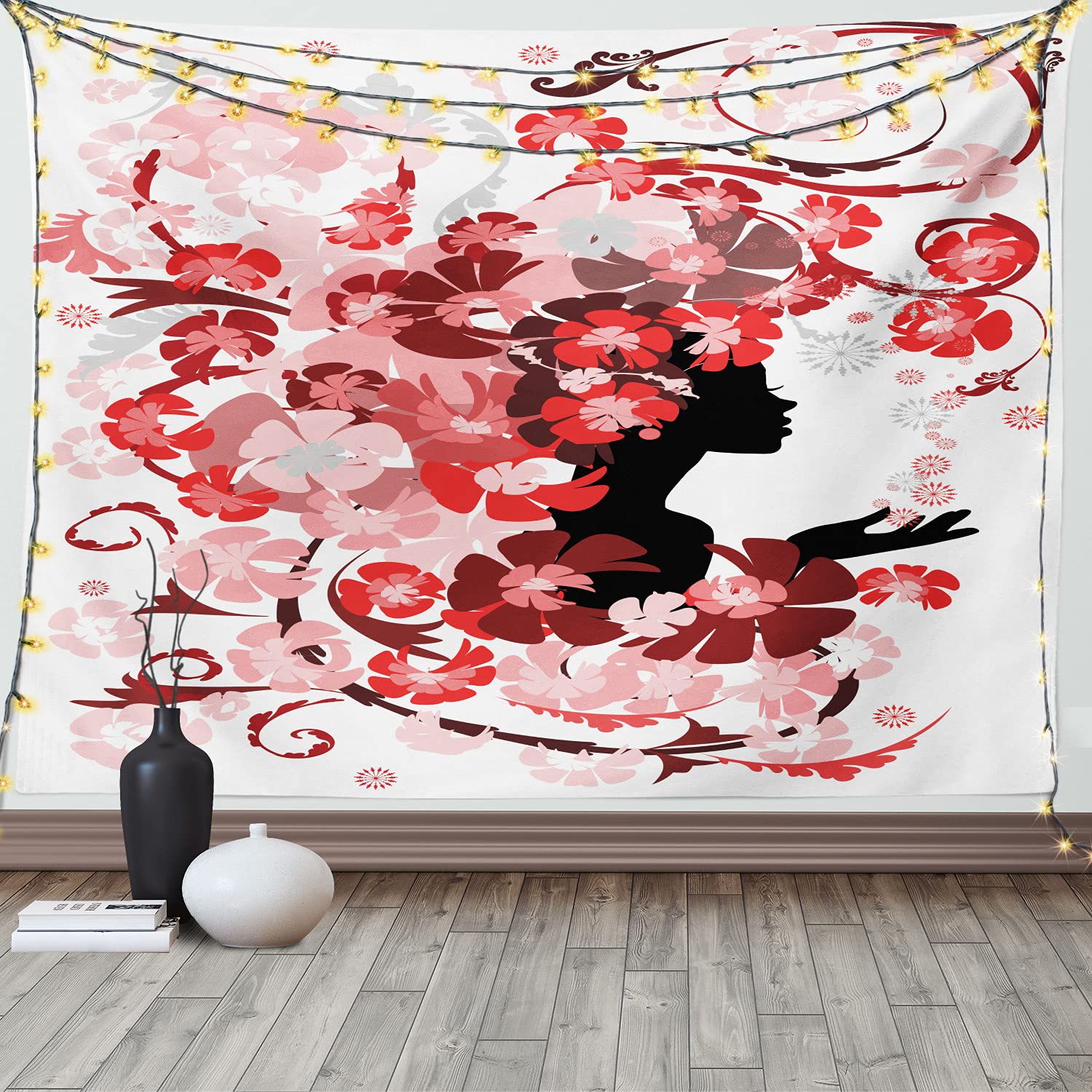 Ambesonne Floral Tapestry Wall Hanging - Pink Blossom Design with Long Hair Girl Art, 80