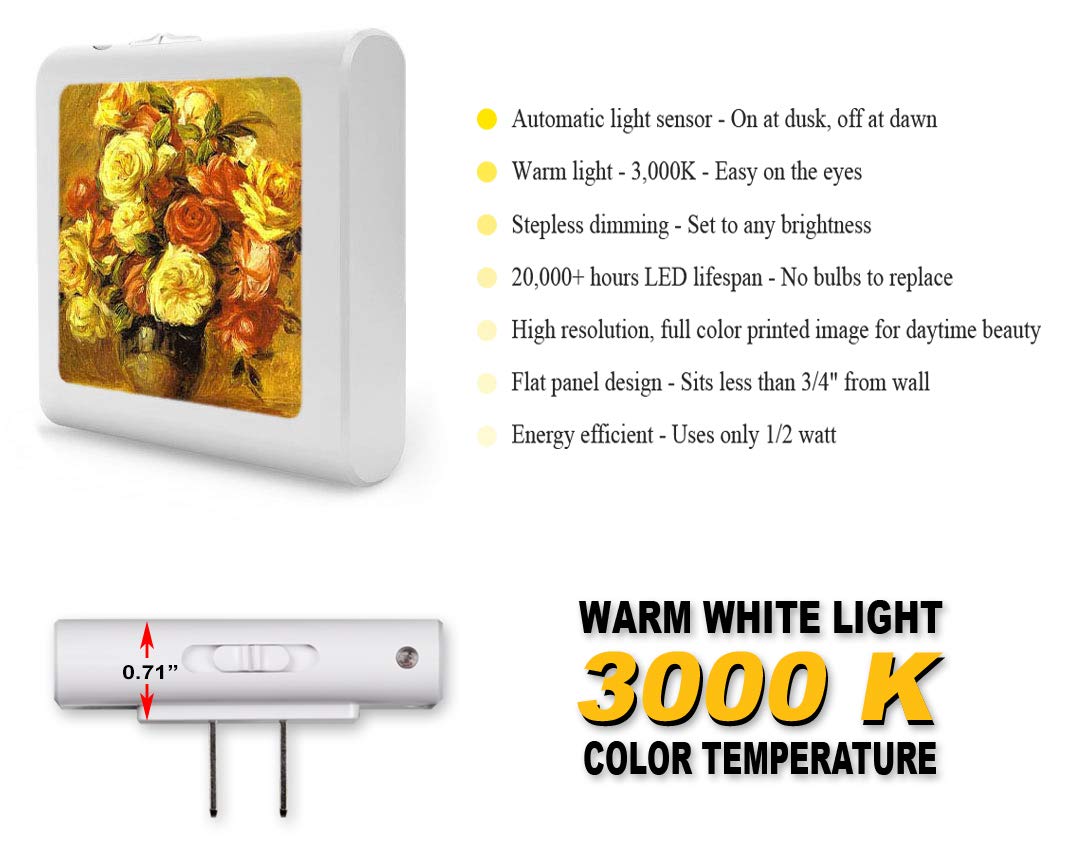 Dimmable LED Night Light with Auto On/Off Sensor - Adjustable Brightness & Warm White Light for Bathroom, Hallway, Nursery, Bedroom - Perfect for Nighttime Safety & Comfort (Renoir: Bouquet de Roses Design)