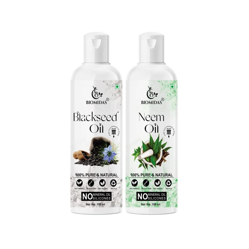 Biomidas 100% Pure Black Seed Oil & Neem Oil Combo (100ML Each) - Promotes Hair Growth, Reduces Hair Fall, Repairs Split Ends for Soft & Shiny Hair - Perfect for Daily Hair Care & Scalp Treatment (Pack of 2)
