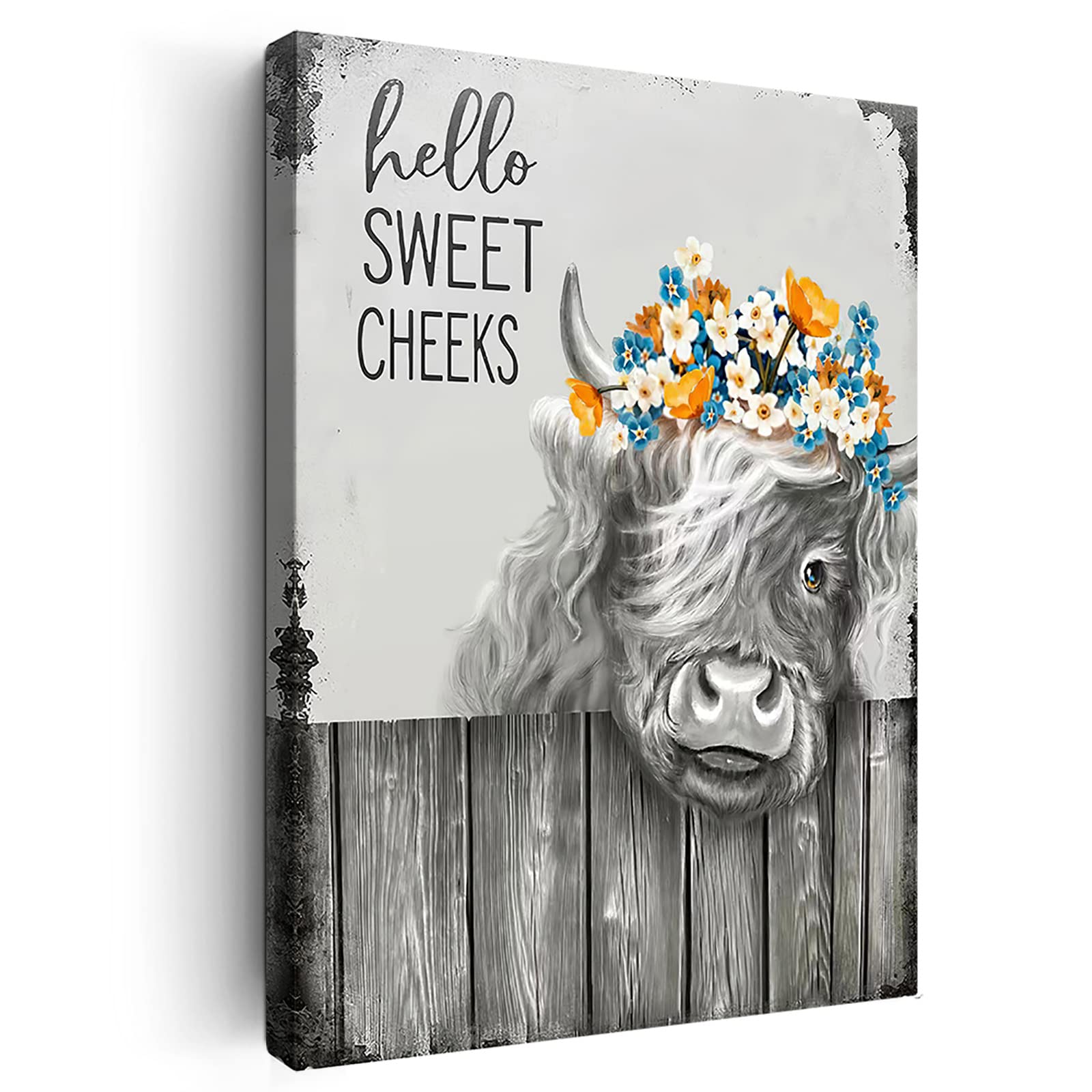 Highland Cow Wall Art - Black & White Farmhouse Bathroom Decor, Rustic Cow Painting Canvas Print 8x10 Inch, Vintage Framed Ready to Hang | Perfect for Bathroom, Living Room & Country Style Home Decor