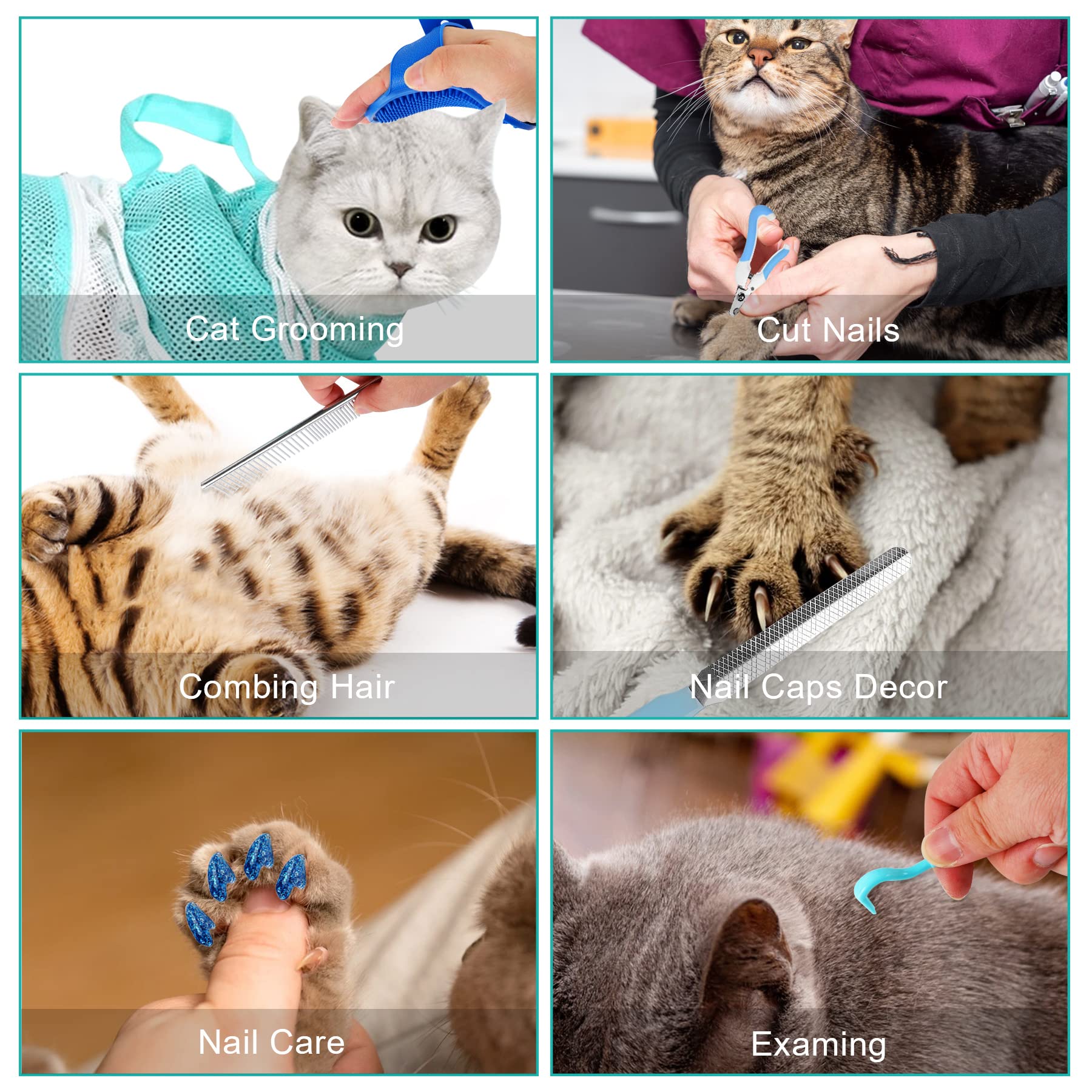 JULMELON 10-Piece Cat Grooming Kit - Adjustable Cat Shower Bag, Pet Brush, Nail Clipper, Nail File, Hair Comb, Tick Tool & Nail Caps for Bathing, Nail Trimming & Vet Exams (Grey + Green) - Perfect for Home Pet Care & Professional Grooming Sessions