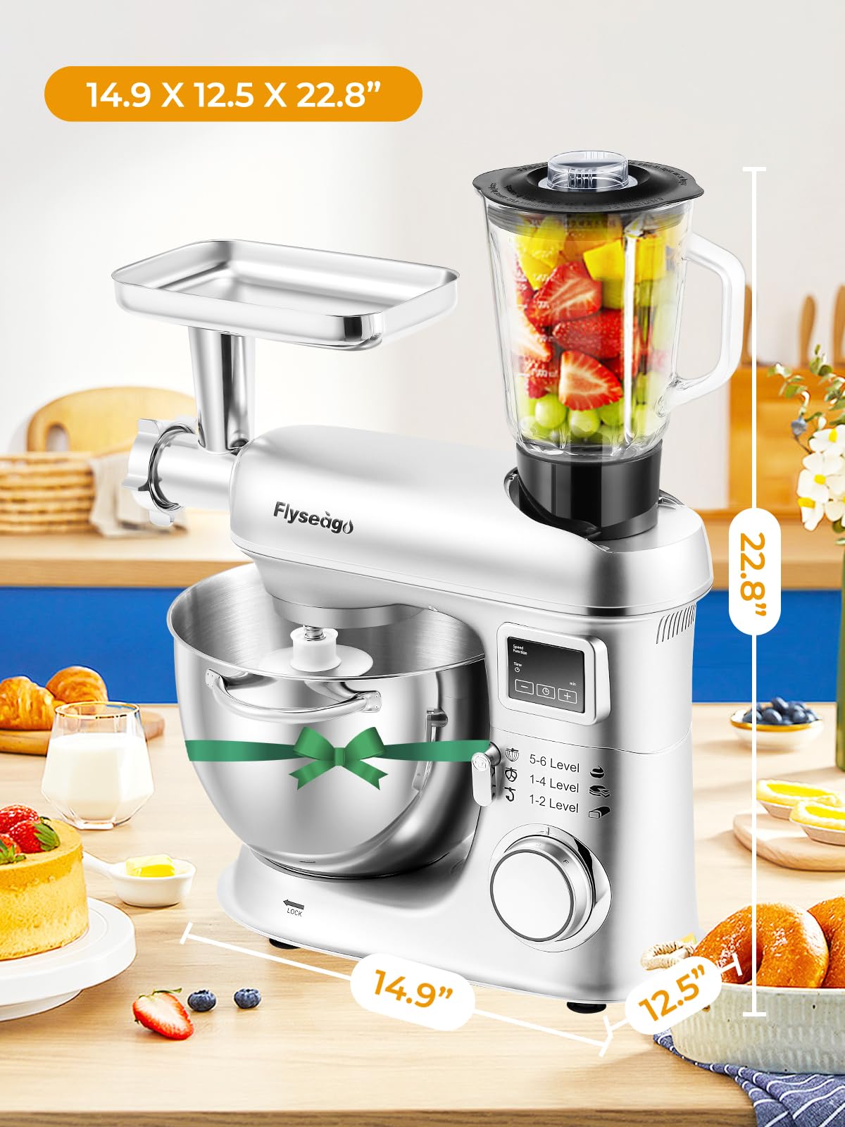 8-in-1 Stand Mixer 2000W, 8.5 Qt Tilt-Head Electric Kitchen Mixer with Stainless Steel Bowl, 6 Speeds, Dough Hook, Whisk & Pasta Attachments - Perfect for Baking, Kneading Dough, Whipping Cream & Making Pasta at Home