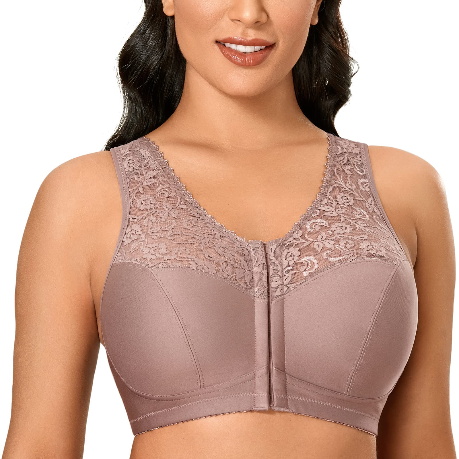 DELIMIRA Women's Front Closure Wireless Bras - Plus Size Full Coverage Racerback Lace Bra for Comfort & Support | Perfect for Everyday Wear, Yoga & Lounge