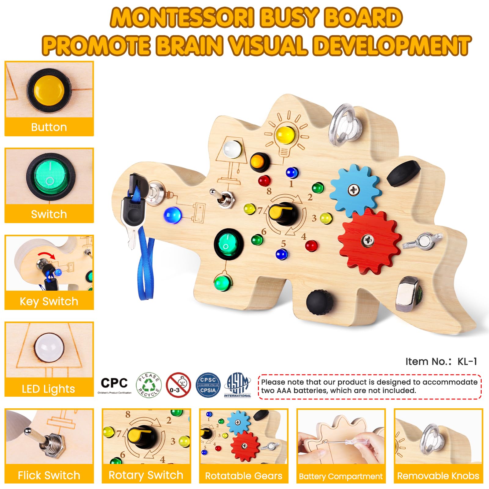 Montessori Busy Board for Toddlers - Wooden Sensory Toy with 12 LED Lights, Learning Activity Board for 3 Year Olds - Perfect for Early Childhood Development & Travel Entertainment