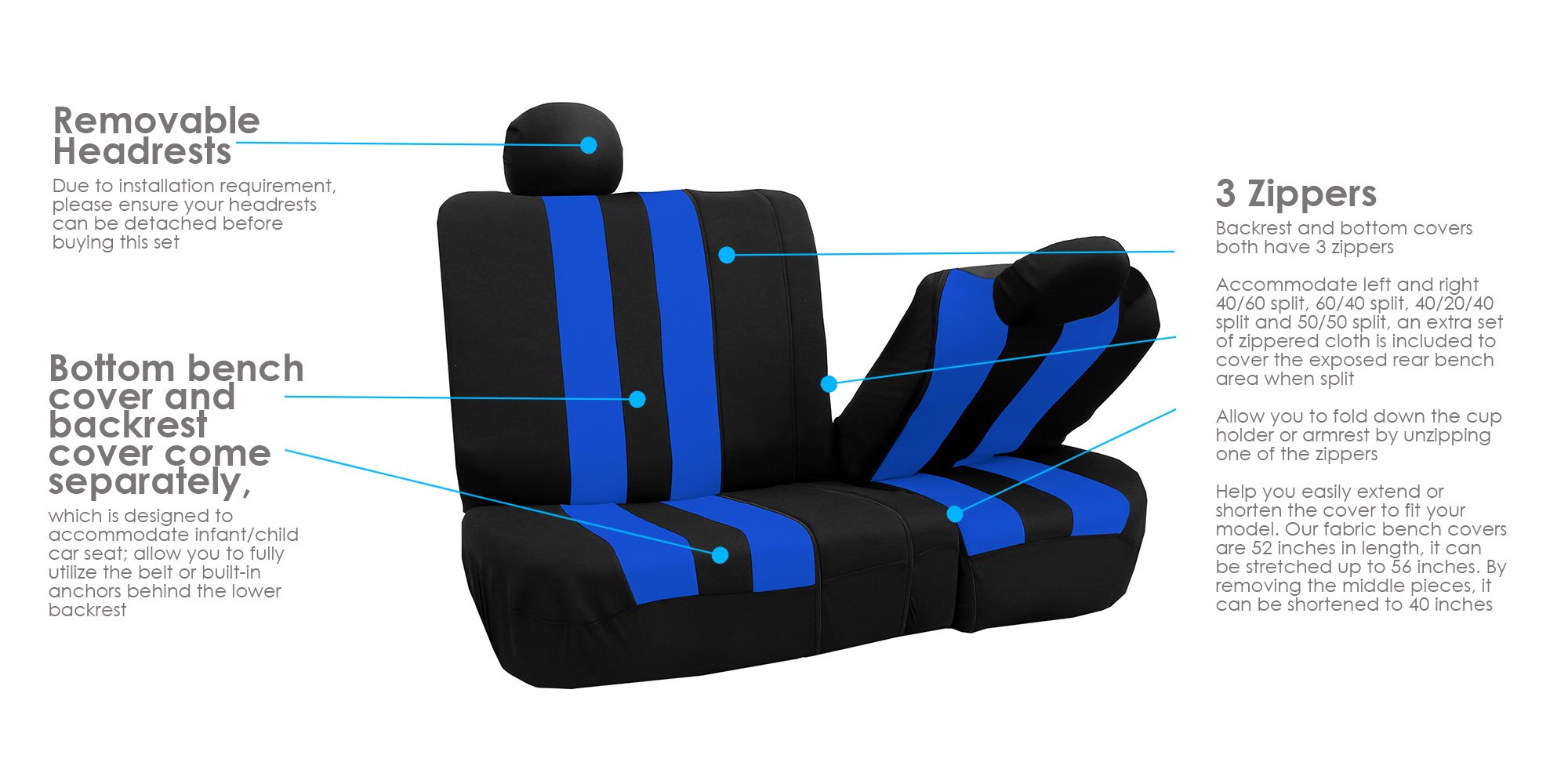 Premium FH Group Striped Blue Car Seat Covers Full Set - Universal Fit for Cars, Trucks & SUVs | Airbag Compatible & Split Rear Design | Durable Interior Accessories for Commuting, Road Trips & Family Protection