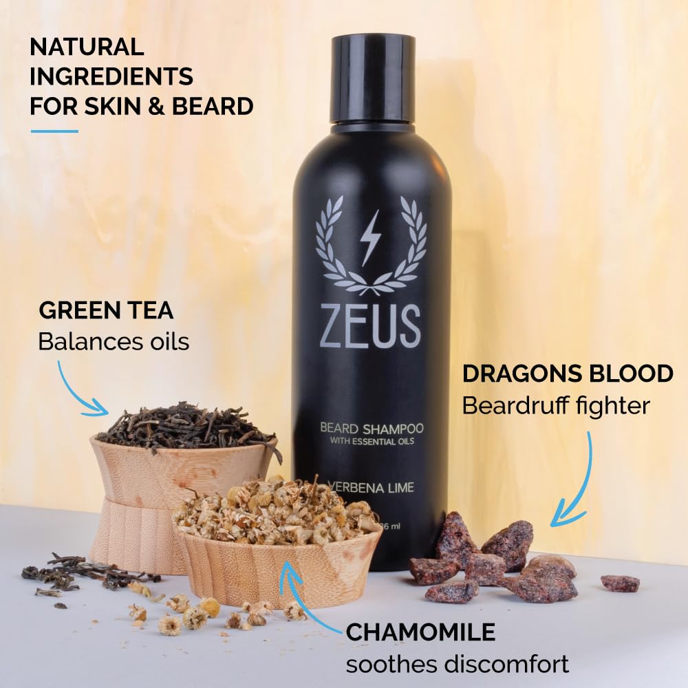 Zeus Beard Shampoo and Wash for Men - 8oz Natural Beard Cleanser with Verbena Lime Scent - Hydrating & Conditioning Beard Care for Soft, Healthy Facial Hair - Perfect for Daily Grooming & Styling Routine