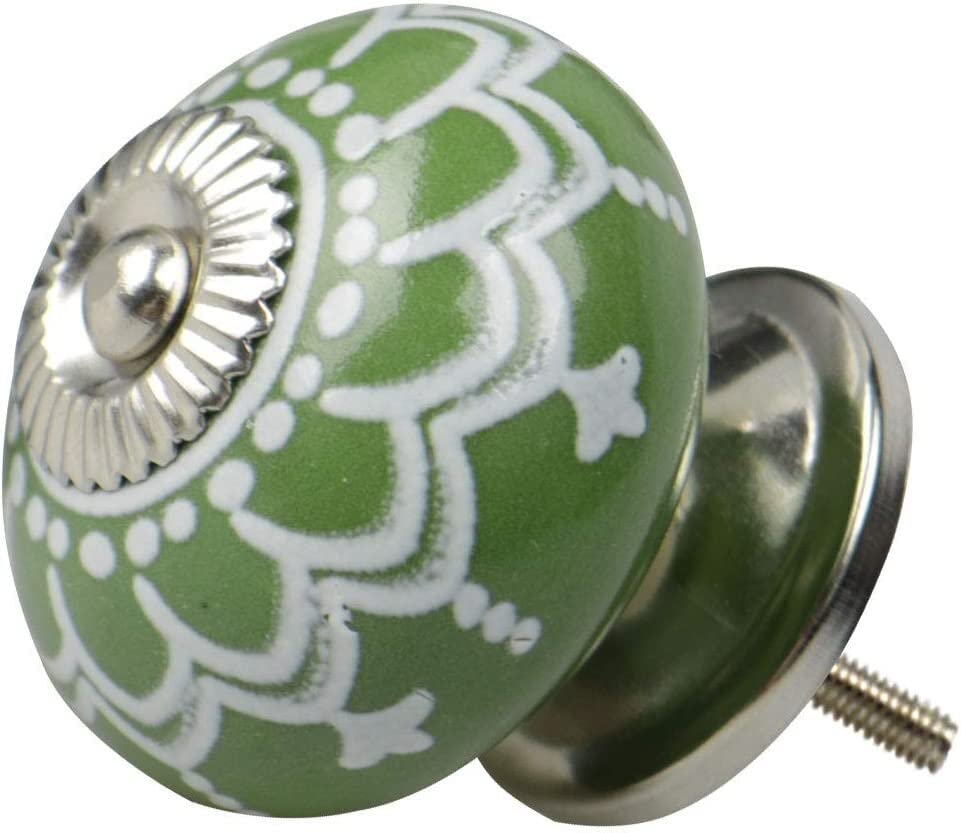 Vintage Ceramic Cabinet Knobs - Round Drawer Pulls Handles for Furniture, Cupboard, Wardrobe & Dresser - Decorative Green Door Hardware for Home & Office Use