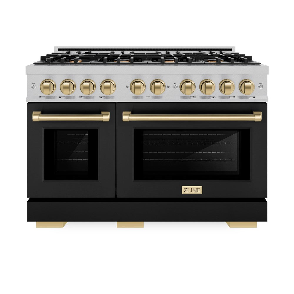 ZLINE Autograph Edition 48-Inch 6.7 cu. ft. Professional Double Oven Gas Range with 8-Burner Cooktop - Satin Stainless Steel, Black Matte Doors & Champagne Bronze Accents (HGRSZ BLM 48 CB) - Ideal for Gourmet Cooking, Large Family Meals & Modern Kitchen Design