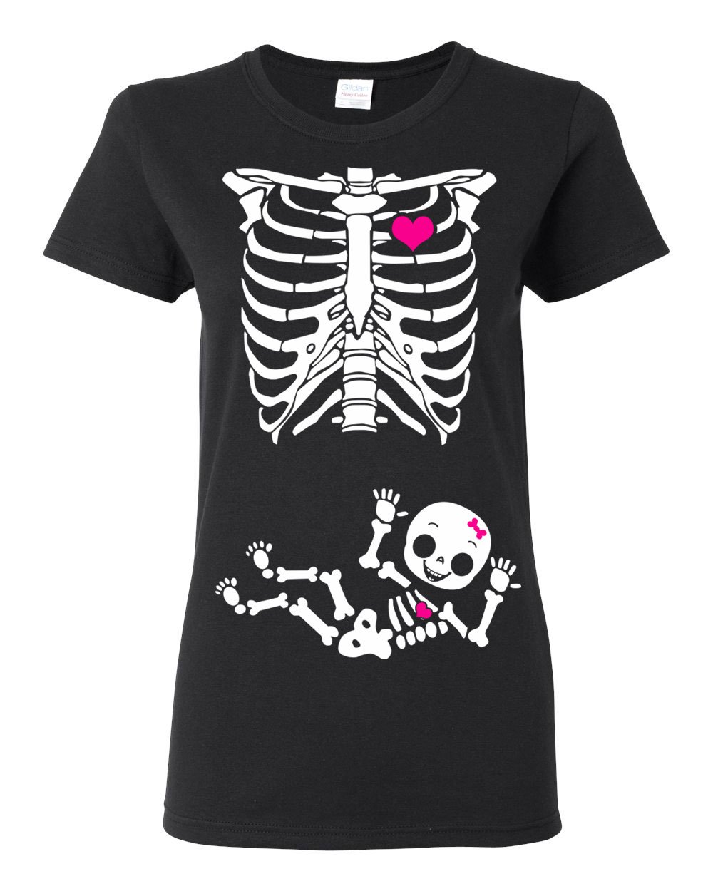 Women's Funny Pregnancy Skeleton Graphic Tee - Cute Baby Girl Design Non-Maternity T-Shirt for Halloween, Pregnancy Announcement & Gender Reveal Parties