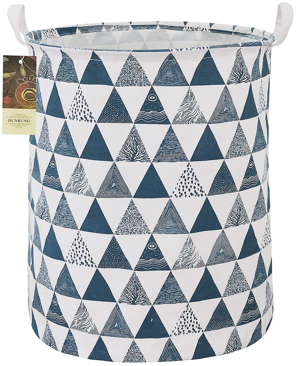 HUNRUNG Large Collapsible Laundry Hamper - Lightweight Canvas Fabric Storage Basket for Dirty Clothes, Toy Organizer - Waterproof & Portable for College Dorms, Kids Bedroom, Bathroom (Blue Triangle) - Perfect for Laundry Room, Closet Organization & Travel Use