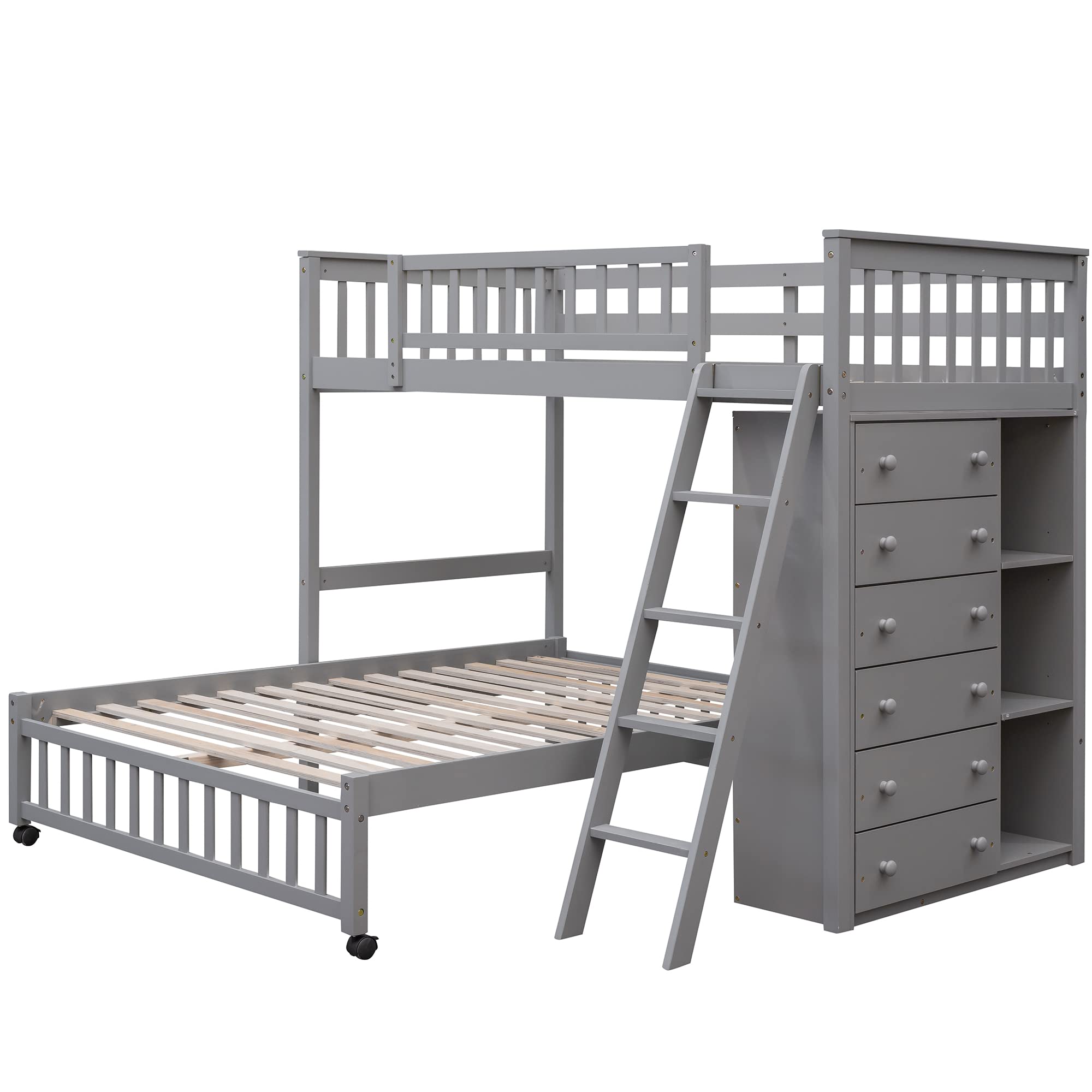 Harper & Bright Designs Twin Over Full Bunk Bed with 6 Storage Drawers & 3 Shelves - Wood Loft Bed with Movable Lower Bed, No Box Spring Needed (Gray, Wheels Included) - Perfect for Kids' Bedroom, Guest Room & Small Space Saving Solution