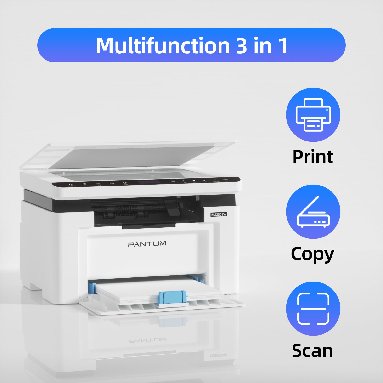 PANTUM BM2309W Wireless Laser Printer - 3-in-1 Print Copy Scan, WiFi & USB 2.0, 20ppm A4 Bluetooth Monochrome Printer with Manual Duplex for Home Office | Compact Design for Small Workspaces & Remote Work